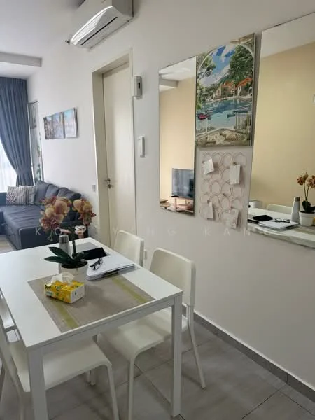 Dining features: white dining table, 4 white dining chairs, table runner, decorative vase with flowers, notepad, yellow box on table, wall-mounted mirror, framed artwork on wall, grey sofa in background, TV console with TV, curtains, light grey tiled flooring, air conditioning unit on wall; style: modern.