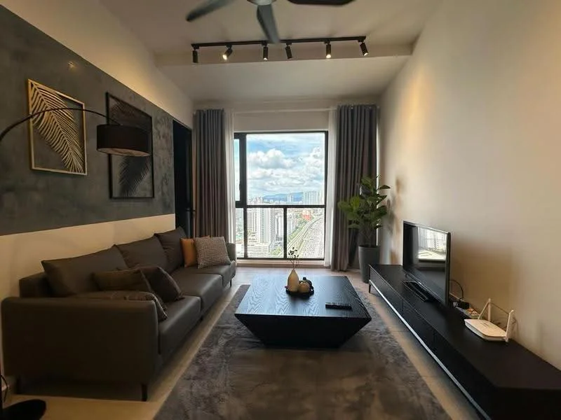 Living features: 3-seater fabric sofa in grey, coffee table with black finish, wall-mounted TV, TV console in black, floor-to-ceiling windows, curtains in grey, decorative houseplant, recessed downlights, ceiling fan, framed artwork on wall, light grey wall with texture, light-colored flooring; style: modern; view: city.
