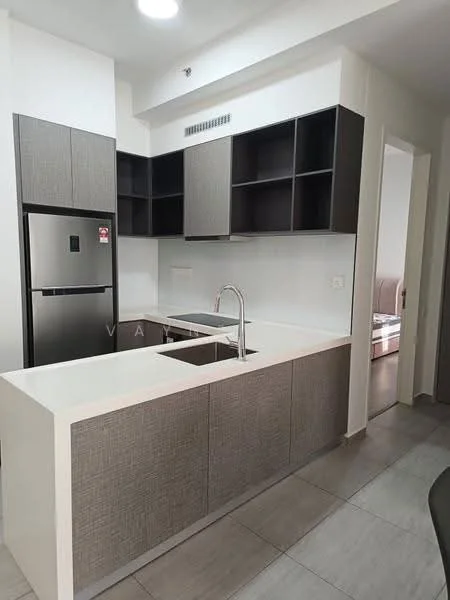 Kitchen features: single-bowl stainless-steel sink, chrome pull-down faucet, white quartz countertop, dark wood cabinetry, open shelving, built-in refrigerator, tile flooring, recessed downlights; style: modern.