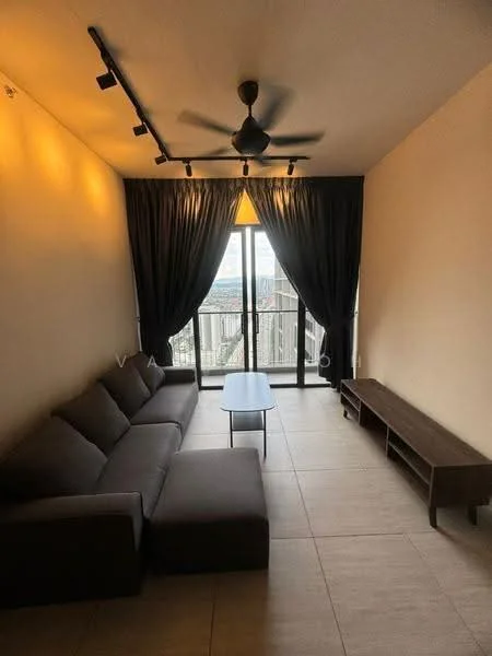 Living features: 3-seater fabric sofa in dark grey, coffee table, TV console, floor-to-ceiling windows, blackout curtains, recessed LED downlights, ceiling fan with light, tile flooring, neutral painted walls; style: modern; view: city.