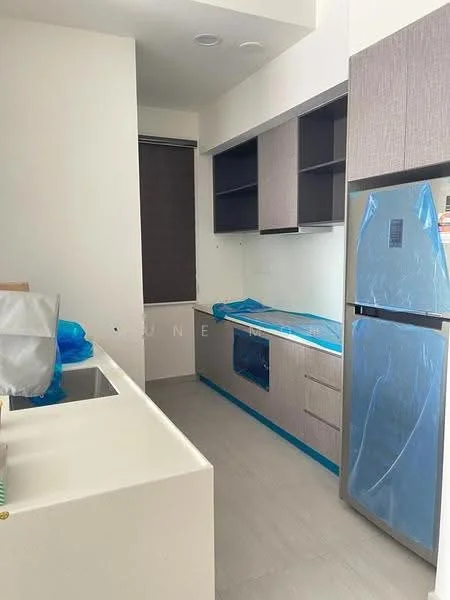 Kitchen features: single-bowl stainless-steel sink, chrome pull-down faucet, grey cabinetry, countertop with protective covering, built-in refrigerator, wall-mounted upper cabinets, window with roller blinds, light-colored flooring, recessed ceiling lights; style: modern.