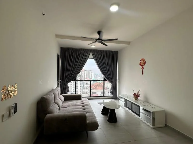 Living features: 3-seater fabric sofa in grey, white coffee table, TV console, wall-mounted TV, floor-to-ceiling windows, grey curtains, recessed downlights, light grey tiled flooring, decorative wall art, decorative vase with flowers; style: modern; view: city.