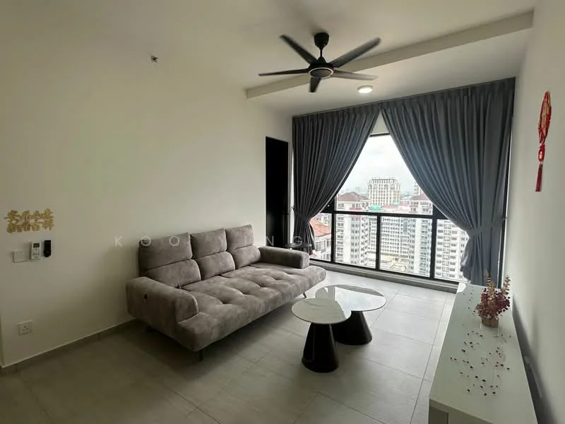 Living features: 3-seater fabric sofa in grey, round coffee table with black base, floor-to-ceiling windows, grey curtains, recessed downlights, ceiling fan, light grey tiled flooring, decorative wall art, wall-mounted electrical outlets; style: modern; view: city.