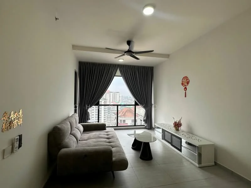 Living features: 3-seater fabric sofa in grey, coffee table with white surface, TV console with storage, floor-to-ceiling windows, curtains in grey, ceiling fan, decorative wall art, tile flooring in light grey; style: modern; view: city.