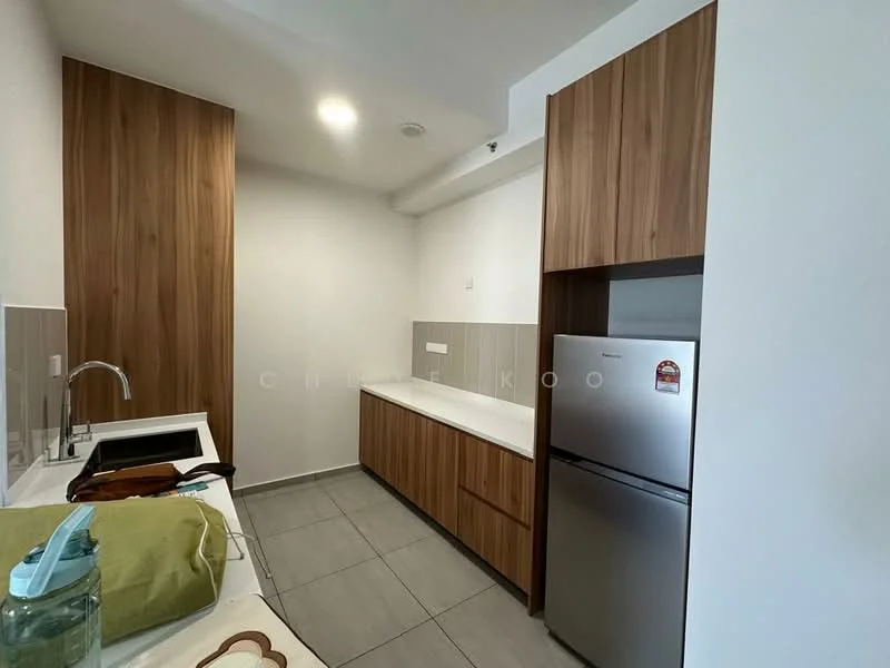 Kitchen features: single-bowl stainless-steel sink, chrome pull-down faucet, white countertop, wood cabinetry with flat-panel design, grey tiled backsplash, stainless-steel fridge, grey ceramic tile flooring, under-cabinet lighting; style: modern.