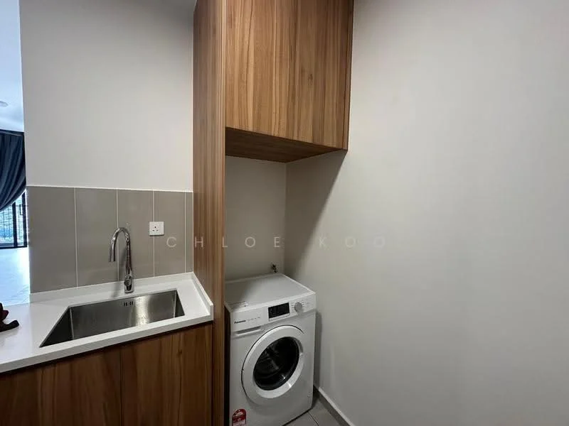 Laundry features: single-bowl stainless-steel sink, wood cabinetry, white front-load washing machine, grey tiled flooring, white wall, under-cabinet lighting; style: modern.