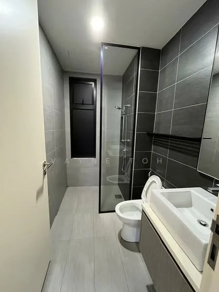 Bathroom features: grey tiled walls, light grey tile flooring, walk-in shower with glass enclosure, rain shower head, handheld shower, single-sink vanity with white countertop, white ceramic toilet, framed mirror, black towel rack, built-in shelving, recessed downlights; style: modern.