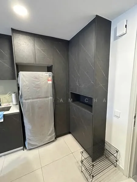 Kitchen features: grey cabinetry with matte finish, stainless-steel fridge, white countertop, ceramic tile flooring, built-in oven, single-bowl stainless-steel sink, chrome pull-down faucet, open shelving, wall-mounted ventilation unit, recessed downlights; style: modern.