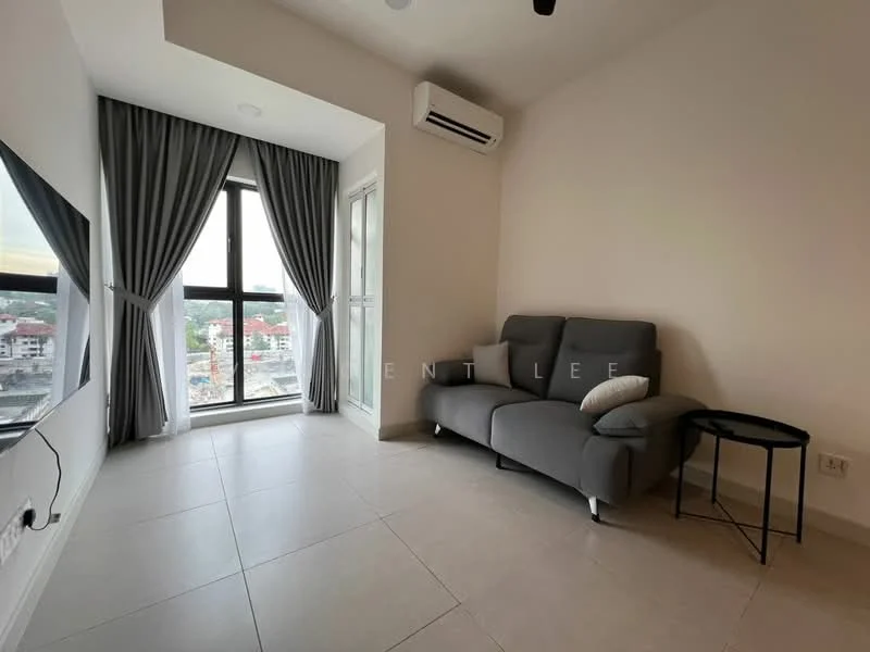 Living features: grey fabric sofa, small side table, floor-to-ceiling windows, sheer curtains, roller blinds, wall-mounted split AC, light-colored walls, tile flooring, ceiling light fixture; style: modern; view: city.