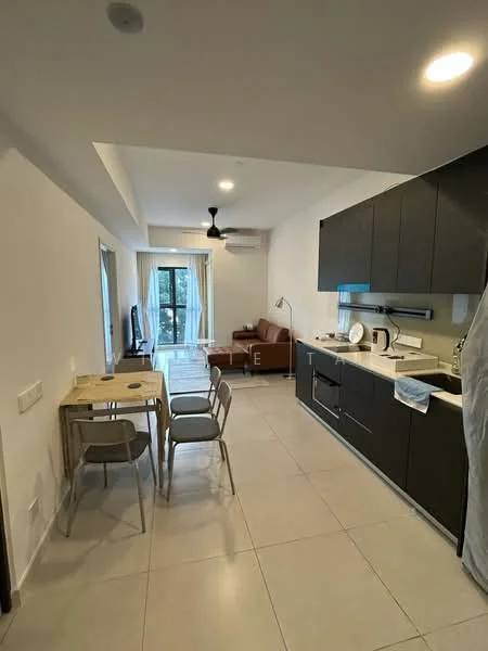 Kitchen features: black cabinetry, white countertop, stainless-steel sink, chrome pull-down faucet, built-in oven, freestanding range oven, microwave, refrigerator, tile flooring, recessed downlights, ceiling fan, open-plan layout, dining table with chairs, sofa, floor-to-ceiling windows, curtains; style: modern; view: garden.