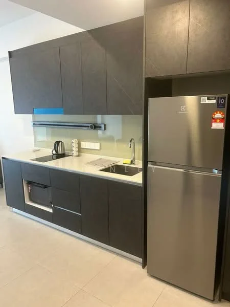 Kitchen features: black cabinetry, white quartz countertop, single-bowl stainless-steel sink, chrome pull-down faucet, built-in oven, stainless-steel fridge, kettle, glass backsplash, under-cabinet lighting, tile flooring; style: modern.