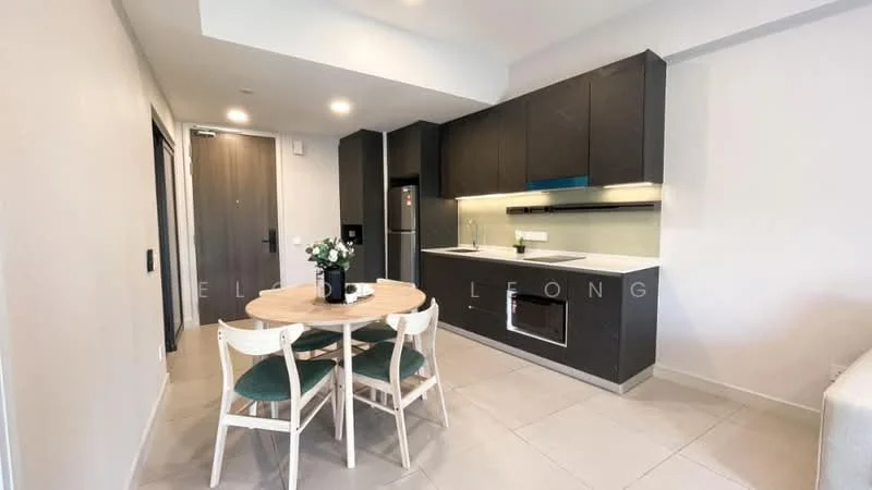 Kitchen features: dark wood cabinetry, white countertop, built-in oven, stainless-steel fridge, ceramic tile flooring, recessed downlights, single-bowl stainless-steel sink, chrome pull-down faucet, microwave, open shelving, dining table with 4 chairs; style: modern.
