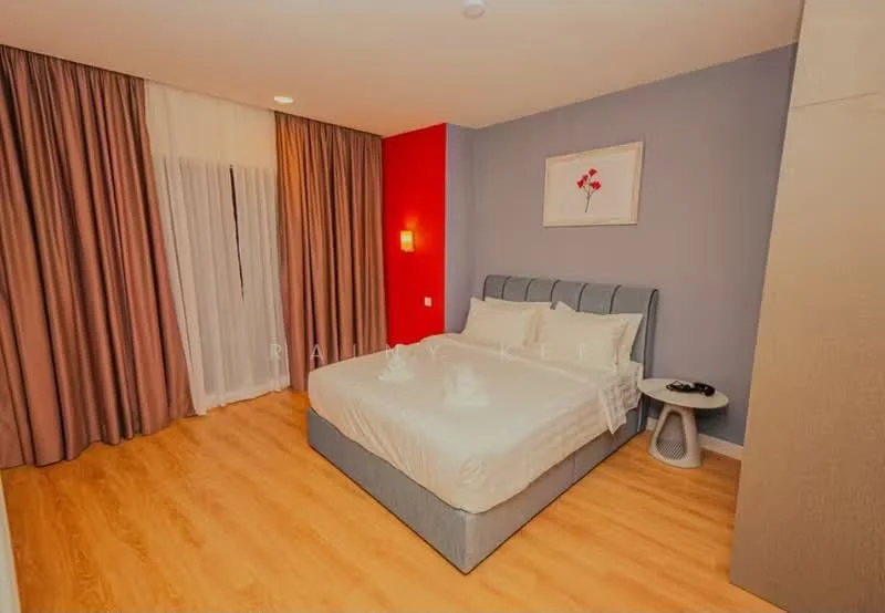 Bedroom features: queen-size bed with upholstered headboard, white bedding, bedside table, wall-mounted sconce lighting, curtains in beige, accent wall in red, light wood flooring, framed artwork on wall, built-in wardrobe; style: modern.