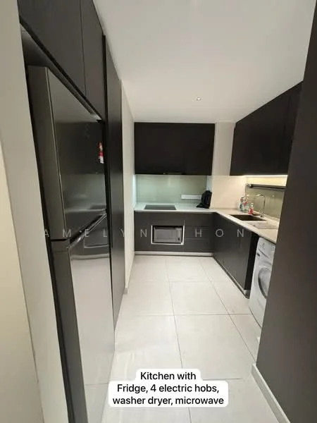 Kitchen features: black cabinetry, stainless-steel fridge, 4 electric hobs, built-in oven, microwave, washer dryer, white tiled backsplash, grey floor tiles, under-cabinet lighting, countertop with integrated sink; style: modern.