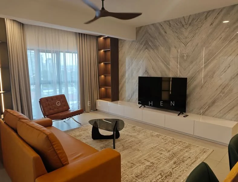 Living features: 3-seater leather sofa in orange, accent chair in brown leather, glass coffee table, TV console with white cabinetry, wall-mounted flat-screen TV, decorative wall with herringbone pattern, built-in shelving unit, floor-to-ceiling windows with sheer curtains, area rug with geometric pattern, recessed downlights, ceiling fan with light; style: modern; view: city.