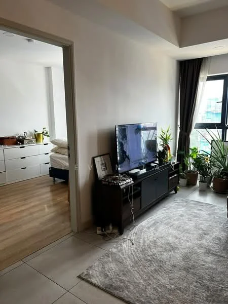 Living features: light grey walls, wooden flooring, floor-to-ceiling windows, black TV console, wall-mounted TV, area rug with geometric pattern, indoor plants in pots, decorative mirror; style: modern; view: city. Room features: white painted walls, bed with bedding, drawer unit, indoor plants.