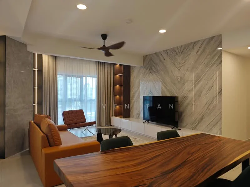 Living features: 3-seater leather sofa in orange, accent chair in brown, wooden dining table, 4 upholstered dining chairs in green, wall-mounted TV, TV console in white, marble feature wall, recessed lighting, 5-blade ceiling fan with light, floor-to-ceiling windows with sheer curtains, area rug with geometric pattern, decorative wall shelves; style: modern; view: city.