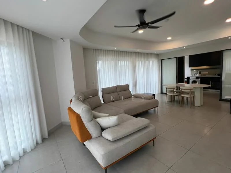 Living features: L-shape sectional sofa in light grey, orange accent on sofa, round dining table, 4 dining chairs, floor-to-ceiling windows with sheer curtains, recessed downlights, 5-blade ceiling fan, light grey tiled flooring, wall-mounted TV, open layout, neutral wall colour, decorative throw pillows; style: modern.