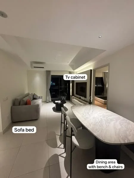 Living features: sofa bed in grey fabric, TV cabinet, marble dining table, 4 dining chairs, bench seating, recessed downlights, floor-to-ceiling windows, light-coloured walls, tile flooring, air conditioning unit; style: modern; view: city.