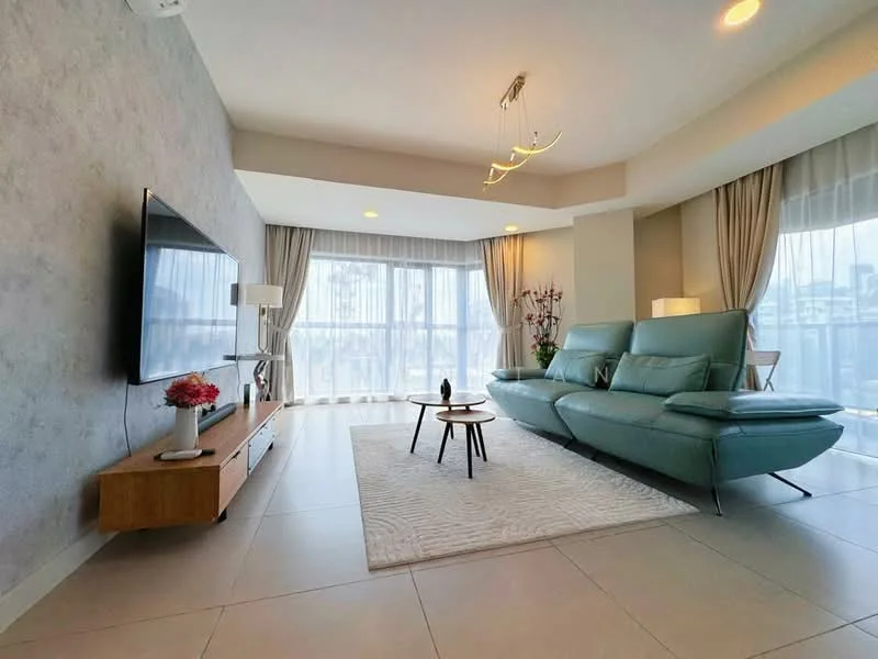 Living features: light blue leather sectional sofa, wooden coffee table, TV console with wall-mounted TV, area rug with geometric pattern, floor-to-ceiling windows, sheer curtains, recessed downlights, decorative plants in ceramic pots, wall-mounted light fixture, grey accent wall, cream painted walls, tile flooring; style: modern; view: city.