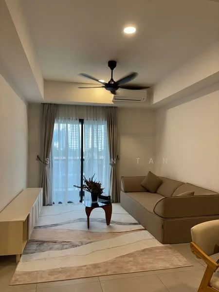 Living features: light grey fabric sofa, coffee table with wooden legs, area rug with abstract pattern, floor-to-ceiling sliding glass door, curtains, ceiling fan, wall-mounted air conditioning unit, TV console, decorative plant arrangement; style: modern.