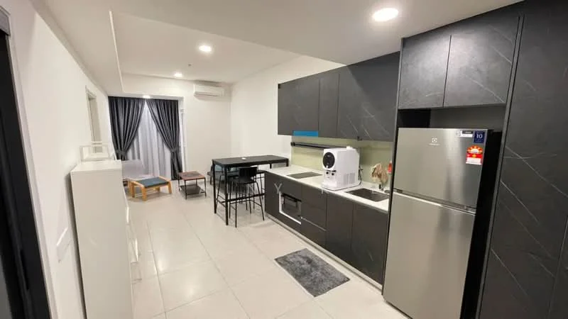 Kitchen features: black cabinetry with matte finish, white countertop, stainless-steel sink, chrome pull-down faucet, built-in oven, stainless-steel fridge, 4-burner gas hob, exhaust hood, tile flooring, recessed downlights, floor-to-ceiling windows with sheer curtains, dining table with black metal frame and chairs, area rug; style: modern; view: city.