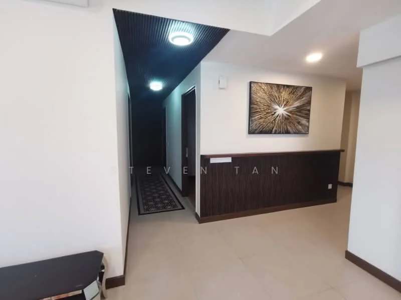 Room features: cream tiled flooring, white painted walls, dark wood paneling, recessed ceiling lights, decorative wall art, narrow hallway, carpet runner, open space layout; style: modern.