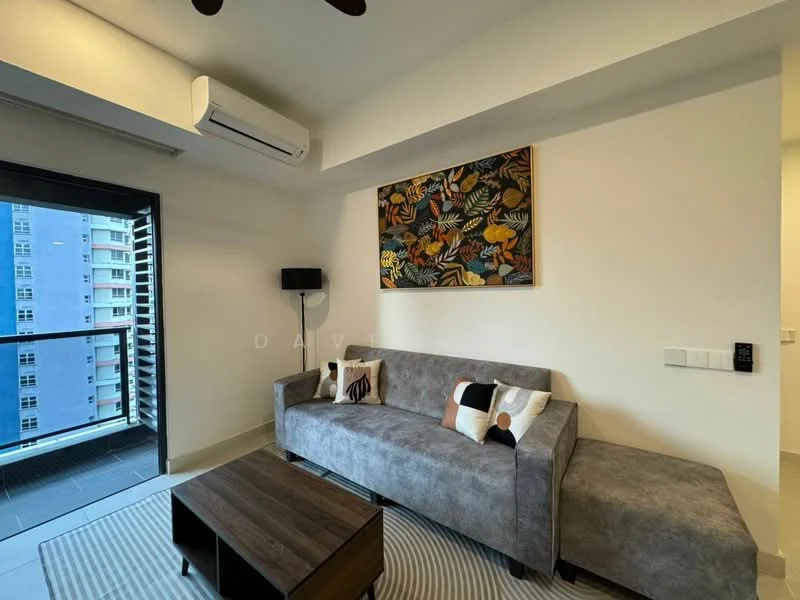 Living features: 3-seater fabric sofa in grey, coffee table, wall-mounted air conditioning unit, floor-to-ceiling windows, sliding glass door, decorative artwork on wall, light fixture, area rug; style: modern; view: city.