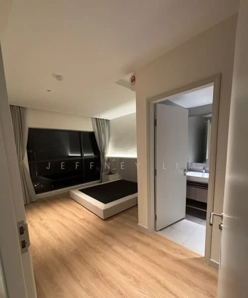 Room features: wooden flooring, white painted walls, floor-to-ceiling windows, curtains, modern door, recessed lighting, neutral color scheme, minimalist design, built-in cabinetry, bathroom access visible; style: modern.