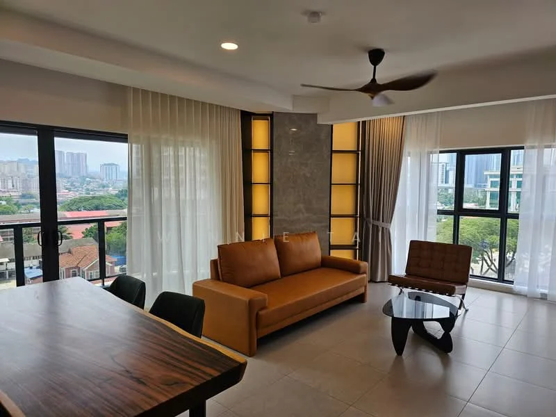 Living features: 3-seater fabric sofa in brown, coffee table with black legs, ceiling fan with light, floor-to-ceiling windows, sheer curtains, grey accent wall, tile flooring, decorative wall lighting; style: modern; view: city. Dining features: dining table with wooden surface, 4 upholstered dining chairs in black; style: modern; view: city.