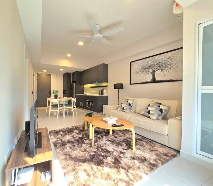 Living features: 3-seater fabric sofa in cream, coffee table, TV console, wall-mounted TV, area rug with geometric pattern, 5-blade ceiling fan with light, recessed downlights, decorative wall art, light-coloured walls, tile flooring; style: modern. Kitchen features: kitchen cabinetry in dark wood, built-in oven, stainless-steel sink, chrome pull-down faucet, countertop with backsplash, refrigerator, open-plan layout; style: modern.