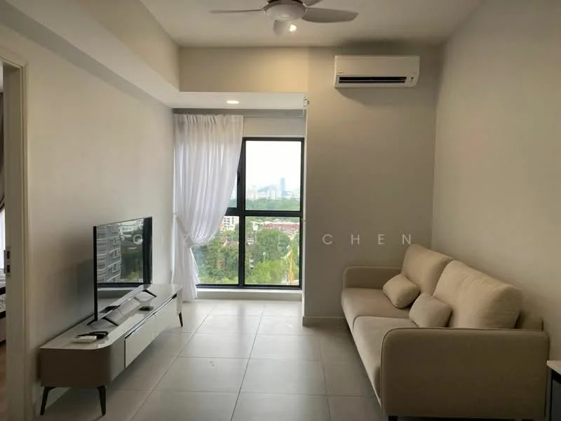 Living features: light grey walls, white ceiling, 5-blade ceiling fan with light, floor-to-ceiling windows, sheer curtains, light-colored fabric sofa, TV console, wall-mounted TV, tile flooring, air conditioning unit; style: modern; view: city.