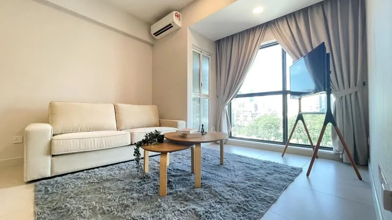 Living features: cream fabric sofa, wooden coffee table, area rug with geometric pattern, floor-to-ceiling windows, curtains, wall-mounted TV, TV stand, 1 wall-mounted split AC; style: modern; view: city.