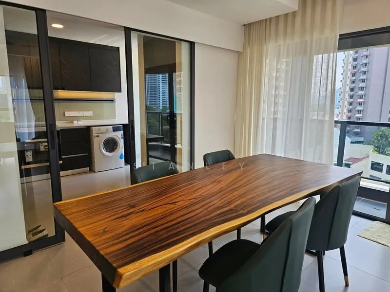 Dining features: large wooden dining table, black upholstered dining chairs, floor-to-ceiling windows, curtains, tile flooring, open layout to kitchen, view of city, natural light; style: modern; view: city. Kitchen features: washer-dryer combo, black cabinetry, white countertop, built-in appliances, tile backsplash, open layout to dining area; style: modern.