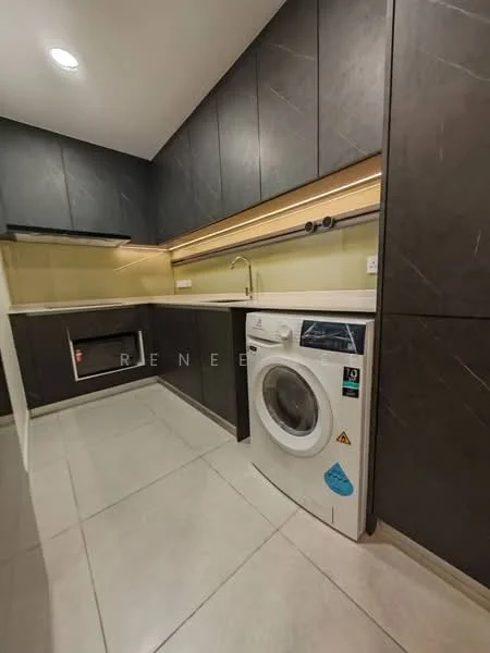 Laundry features: white front-load washing machine, dark cabinetry, light-colored countertop, tile flooring, under-cabinet lighting, built-in shelving, grey wall panels, single-basin sink; style: modern.