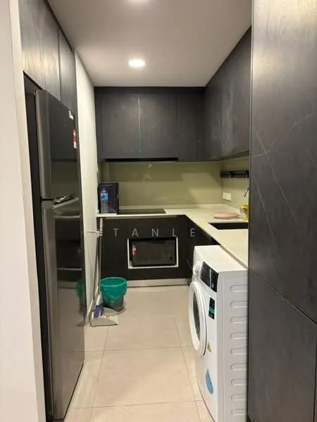 Kitchen features: black cabinetry, white countertop, stainless-steel fridge, built-in oven, front-load washing machine, tile flooring, recessed downlights, single-bowl stainless-steel sink, chrome pull-down faucet; style: modern.