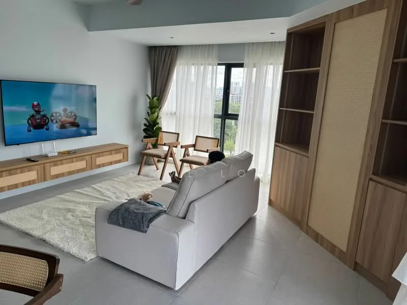 Living features: light grey fabric sofa, wooden coffee table, TV console with wooden cabinetry, wall-mounted TV, area rug with soft texture, floor-to-ceiling windows, sheer curtains, wooden shelving unit, two wooden armchairs, indoor plant, neutral painted walls, recessed ceiling lights, light grey tiled flooring; style: modern; view: city.