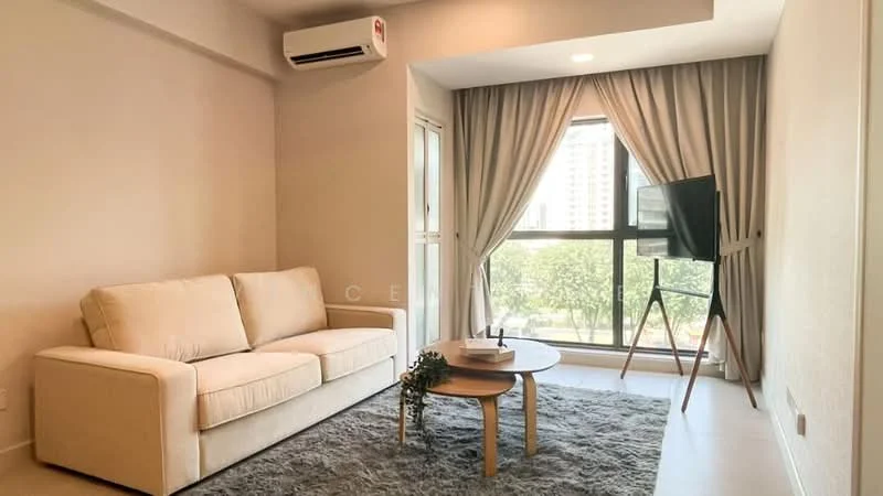 Living features: 3-seater fabric sofa in beige, round coffee table, floor-to-ceiling windows, curtains in light grey, wall-mounted TV, 1 wall-mounted split AC, neutral painted walls, tile flooring; style: modern; view: garden.