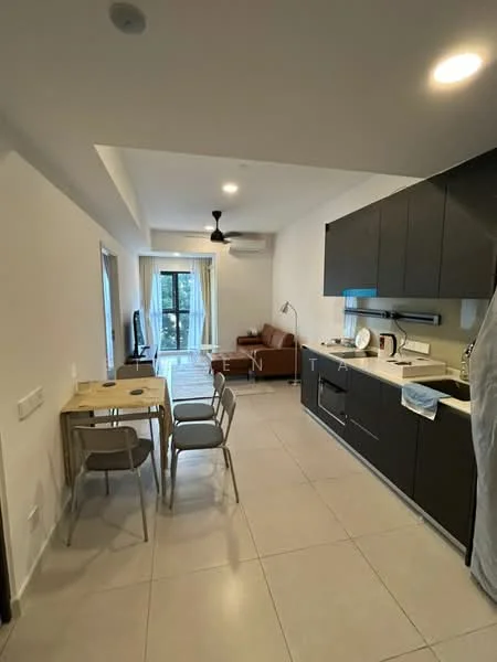 Kitchen features: black cabinetry, stainless-steel sink, chrome pull-down faucet, built-in oven, freestanding range oven, microwave, refrigerator, ceramic tile flooring, recessed downlights, open shelving, countertop with breakfast bar, wall-mounted split AC; style: modern; view: garden. Dining features: 4-seater dining table, metal dining chairs; style: modern; view: garden. Living features: brown fabric sofa, coffee table, floor-to-ceiling windows, curtains, area rug; style: modern; view: garden.