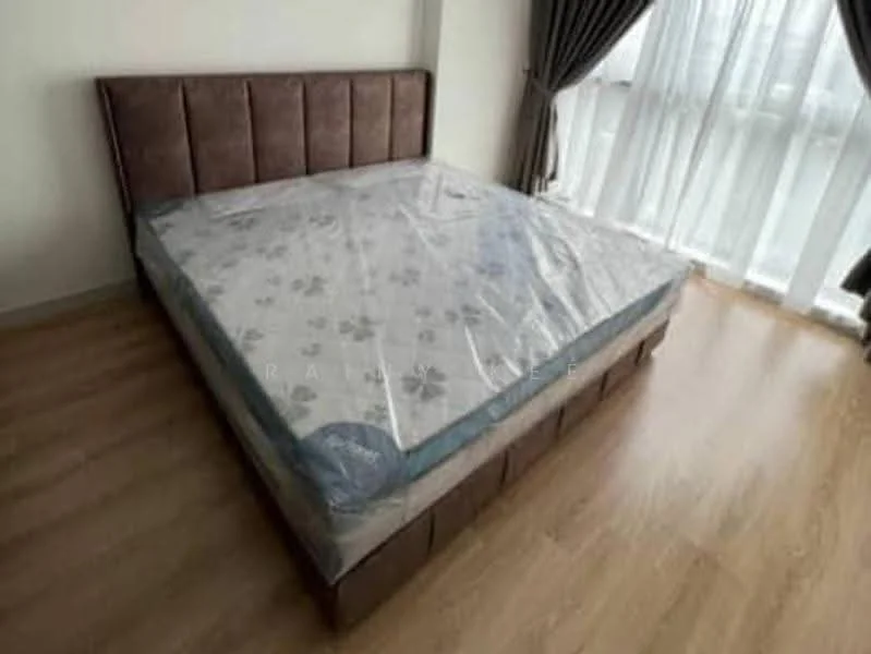 Bedroom features: king-size bed, upholstered headboard, wooden flooring, floor-to-ceiling windows, sheer curtains, decorative curtains, natural light, neutral wall color; style: modern; view: city.