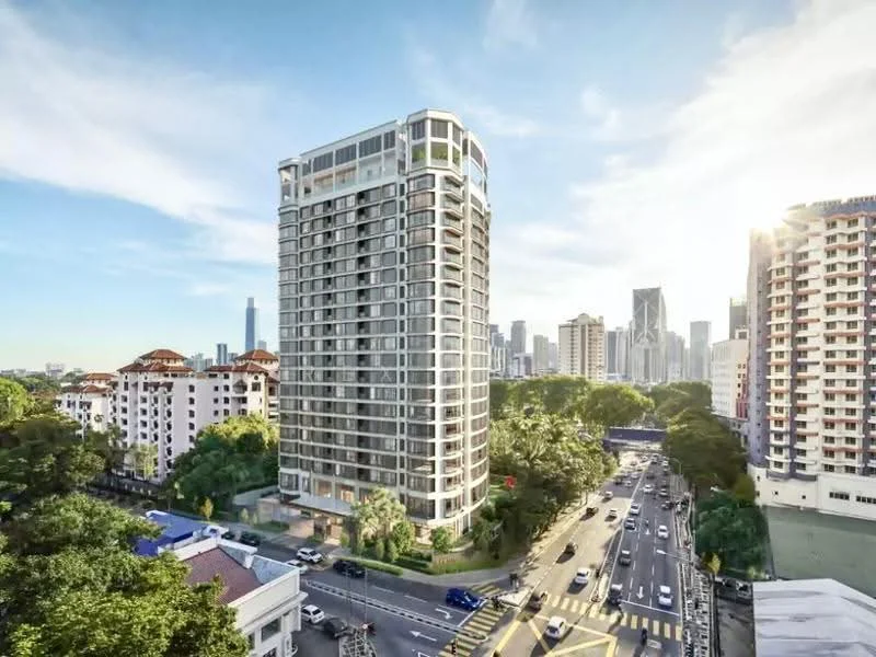 Exterior type: high-rise condominium; features: glass curtain wall, white painted facade, recessed balconies, surrounded by mature greenery, urban context with city skyline in background, approximately 20-storey high-rise, manicured lawn, driveway with interlocking pavers; style: modern.