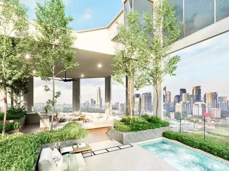 Room features: outdoor seating area with sofa, coffee table, landscaped greenery, floor-to-ceiling windows, city skyline view, infinity pool, ceiling fan, wooden decking, planters with trees, open-air design; style: modern; view: city.