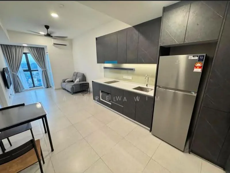 Kitchen features: grey cabinetry, stainless-steel fridge, single-bowl stainless-steel sink, chrome pull-down faucet, white countertop, built-in oven, 4-burner gas hob, recessed downlights, tile flooring, open layout to living area, floor-to-ceiling windows, curtains, ceiling fan; style: modern; view: city. Living features: grey fabric sofa, wall-mounted TV, dining table for two, tile flooring, recessed downlights, floor-to-ceiling windows, curtains, ceiling fan; style: modern; view: city.