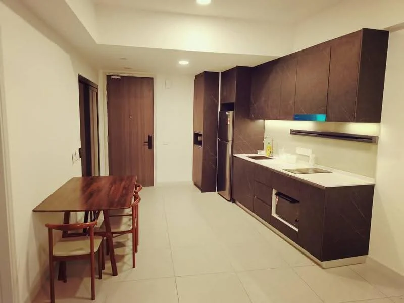 Kitchen features: dark wood cabinetry, white quartz countertop, single-bowl stainless-steel sink, chrome pull-down faucet, built-in oven, stainless-steel fridge, 4-burner gas hob, tile flooring, recessed downlights, dining table with wooden surface, 4 wooden dining chairs; style: modern.