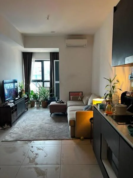 Living features: light grey wall, cream painted walls, white ceiling, floor-to-ceiling windows, dark wood TV console, wall-mounted TV, beige L-shape sectional sofa, area rug, indoor plants, recessed downlights, 1 wall-mounted split AC, decorative wall art; style: modern; view: city. Kitchen features: black cabinetry, stainless-steel sink, chrome pull-down faucet, countertop with kitchen appliances, open shelving, under-cabinet lighting; style: modern.