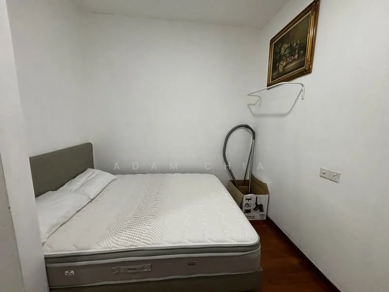 Bedroom features: queen-size bed, upholstered headboard, wooden flooring, white painted walls, decorative painting on wall, vacuum cleaner, box storage, shelf mounted on wall; style: minimalist.