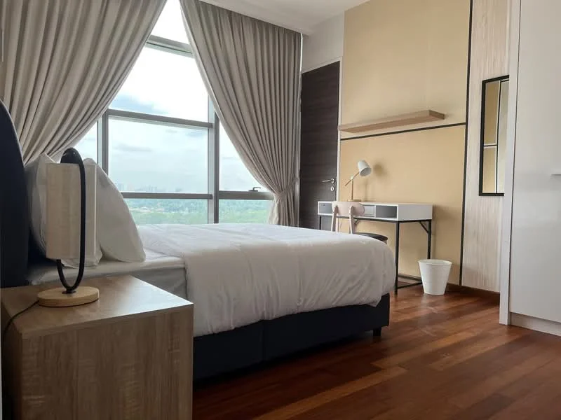 Bedroom features: king-size bed with white bedding, wooden bedside table, table lamp, floor-to-ceiling windows, curtains in light grey, wooden flooring, wall-mounted shelf, desk with chair, white cabinet, decorative mirror; style: modern; view: city.