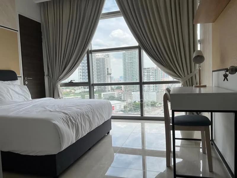 Bedroom features: queen-size bed with white bedding, floor-to-ceiling windows, grey curtains, white walls, polished tile flooring, study desk, chair, decorative lamp, city view; style: modern; view: city.