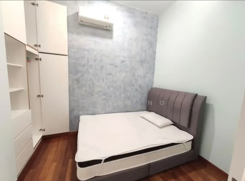 Bedroom features: queen-size bed, upholstered headboard, light blue painted walls, wooden flooring, built-in wardrobe with sliding doors, open shelving unit, wall-mounted air conditioning unit, white bedding, decorative pillow; style: modern.