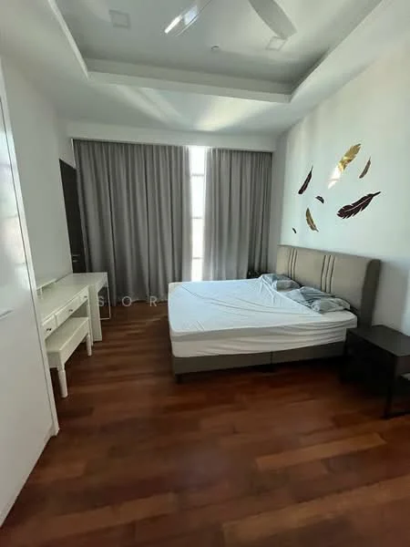 Bedroom features: queen-size bed, upholstered headboard, wooden flooring, floor-to-ceiling windows, grey sheer curtains, wall-mounted TV, white painted walls, ceiling fan with light, decorative wall art, nightstand, white dresser; style: modern.